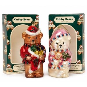 Vintage 1997 Cubby Bears Santa's Best Glass Ornaments Pair NOS Boxed Bear